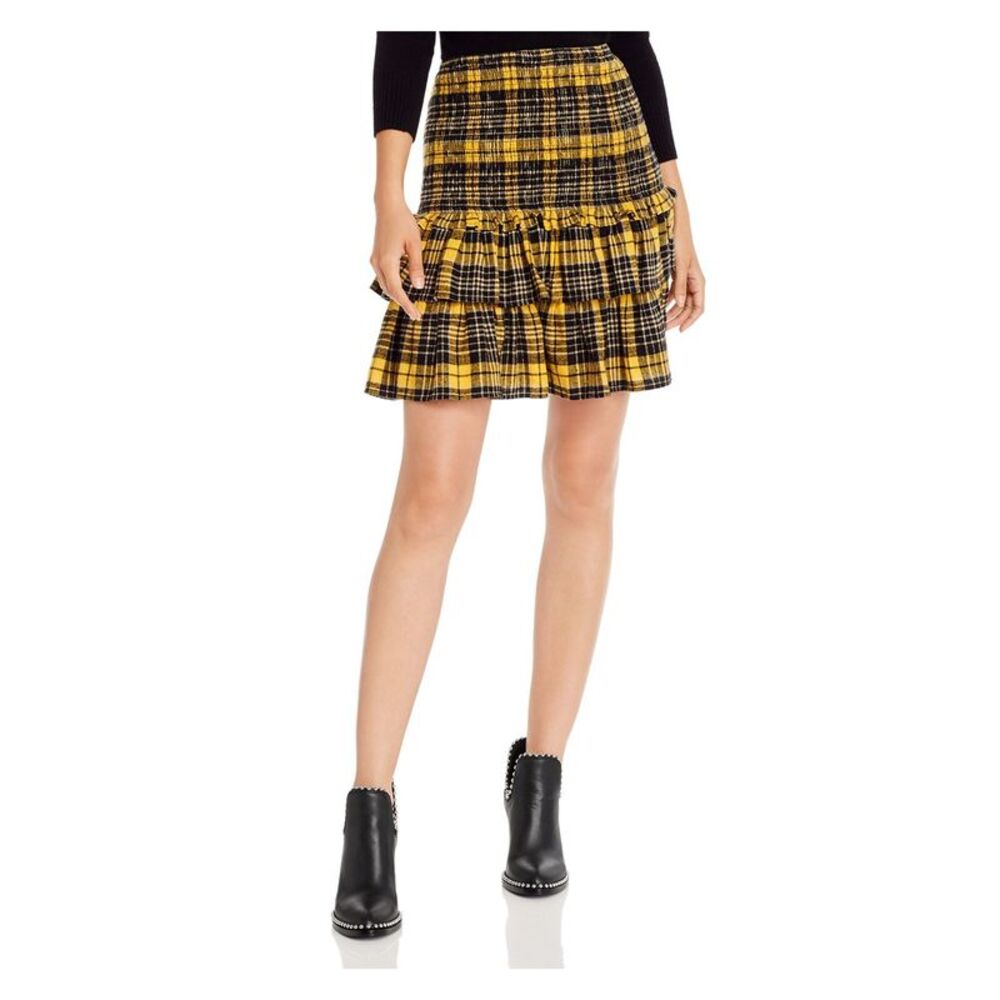 AQUA Womens Yellow Plaid Short Ruffled Skirt Size: XS